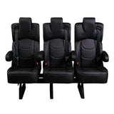 Three black VIP seats with integrated seat belts and armrests, designed for installation into MB Sprinter factory OEM seat tracks.