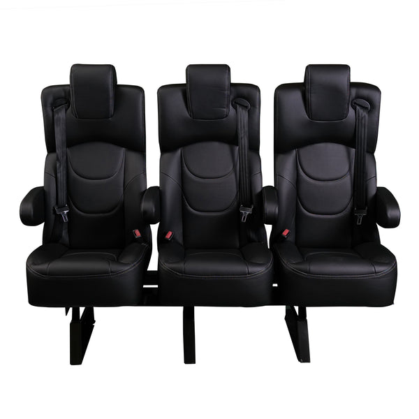 Three black VIP seats with integrated seat belts and armrests, designed for installation into MB Sprinter factory OEM seat tracks.